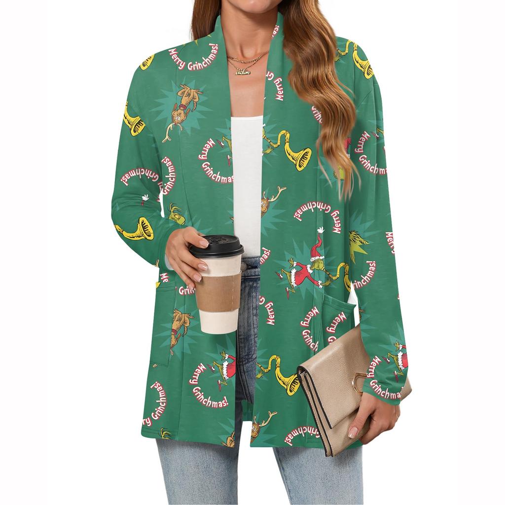 Women's Christmas Printed Lightweight Cardigan Long Sleeved Casual Loose Thin Fit With Pockets Cardigan Jacket