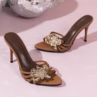 Mode Elegant Gold Metall Blume Stiletto Mules Slide Frau Markendesign Hoher Absatz Schmaler Riemen Pumps Damen Abendschuhe