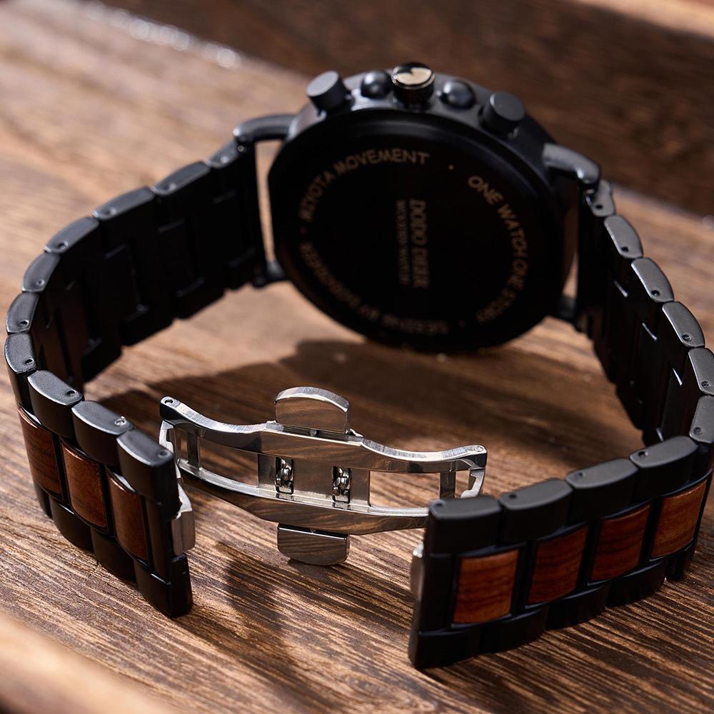 Wood Watch Wateproof Quartz Analog Watches Wooden+metal Strap Chronograph Date Unique Personalized Gifts
