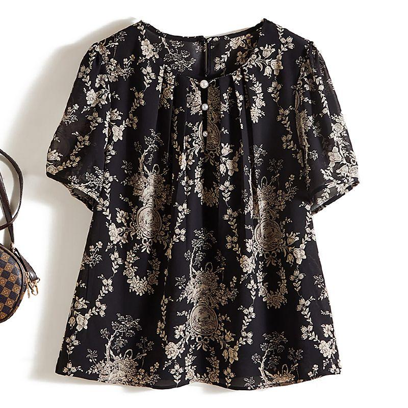 

Cool Summer! Women s Summer Pearl Buckle Short-Sleeved Chiffon Shirt Printed Black Lightweight Breathable T-shirt New Black L