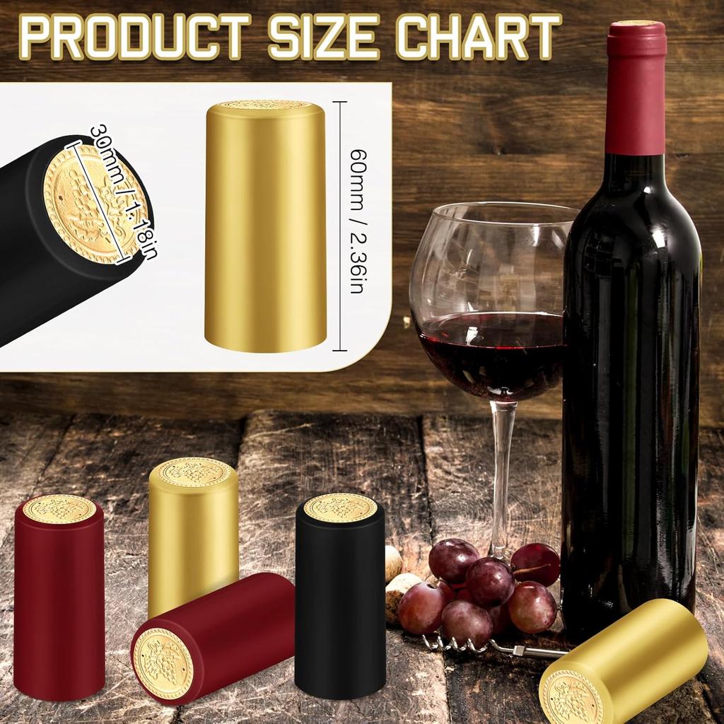 100 Pezzi Tappi di Sughero Naturali per Bottiglie di Vino e Sigilli Capsula Termoretraibile con Linguetta Strappo per Tappo Bottiglie di Vino a Bocca Dritta