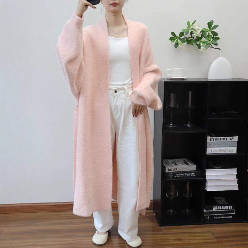 Imitation mink velvet lazy wind sweater jacket women's long autumn and winter new belt temperament knitted cardigan