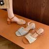 Fire hollow Roman style woven sandals women, summer wear medium thick heel open toe empty high heel sandals sheepskin pad