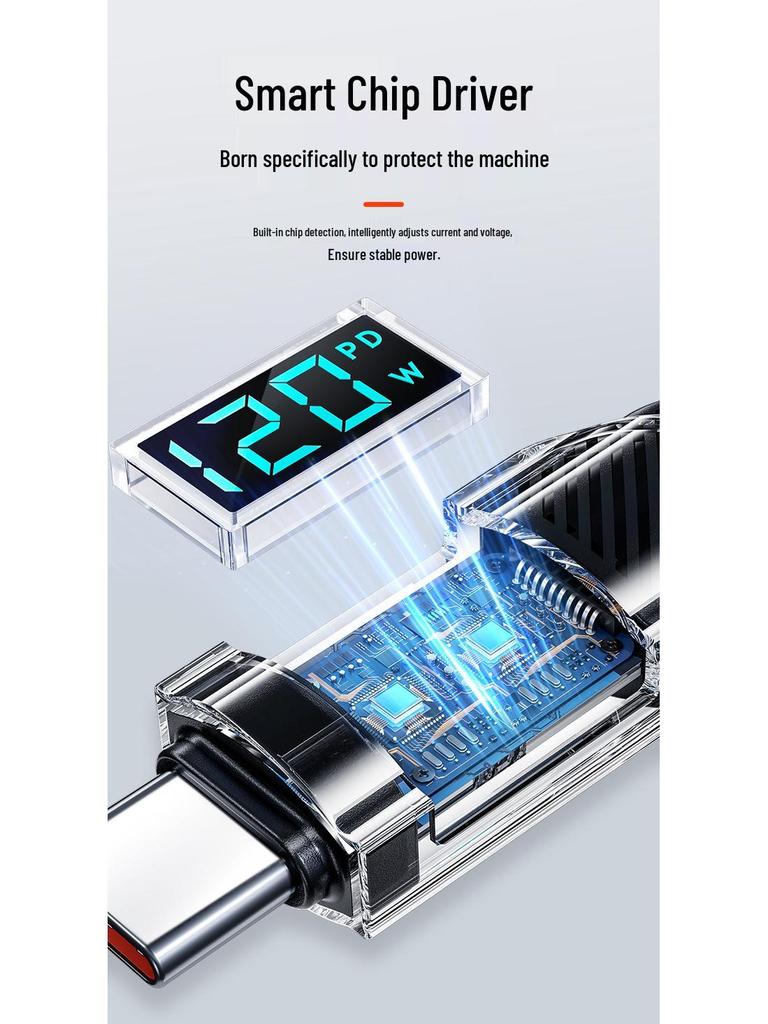 120W Type-C Data Cable with Smart Display for Fast Charging - Compatible with Huawei & Apple 15