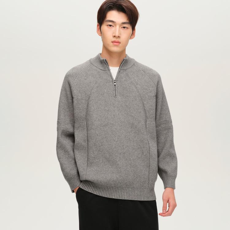 WOOG2005 Grey Half-Zip Stand-Up Collar Men s Knit Sweater - Winter 2025 Style XL
