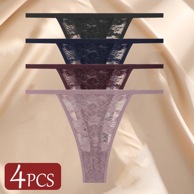 4Pcs/Set Sexy Lace Panties Women Elastic Hollow Out Transparent G-string Thong Female Lace Underpants Perspective Sexy Intimates