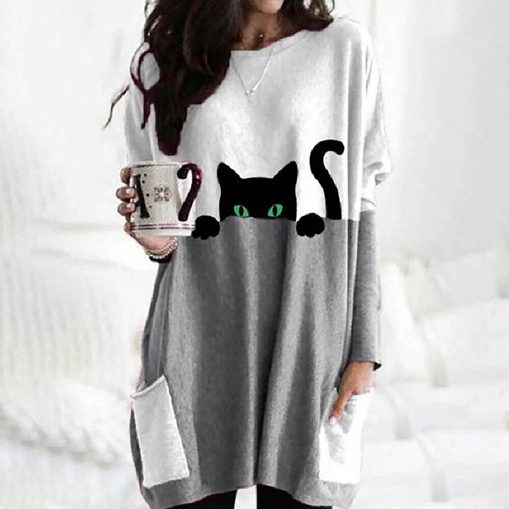 Women Plus Size Cat Printing Pullover Long Sleeve Sweatshirt Shirts Tops