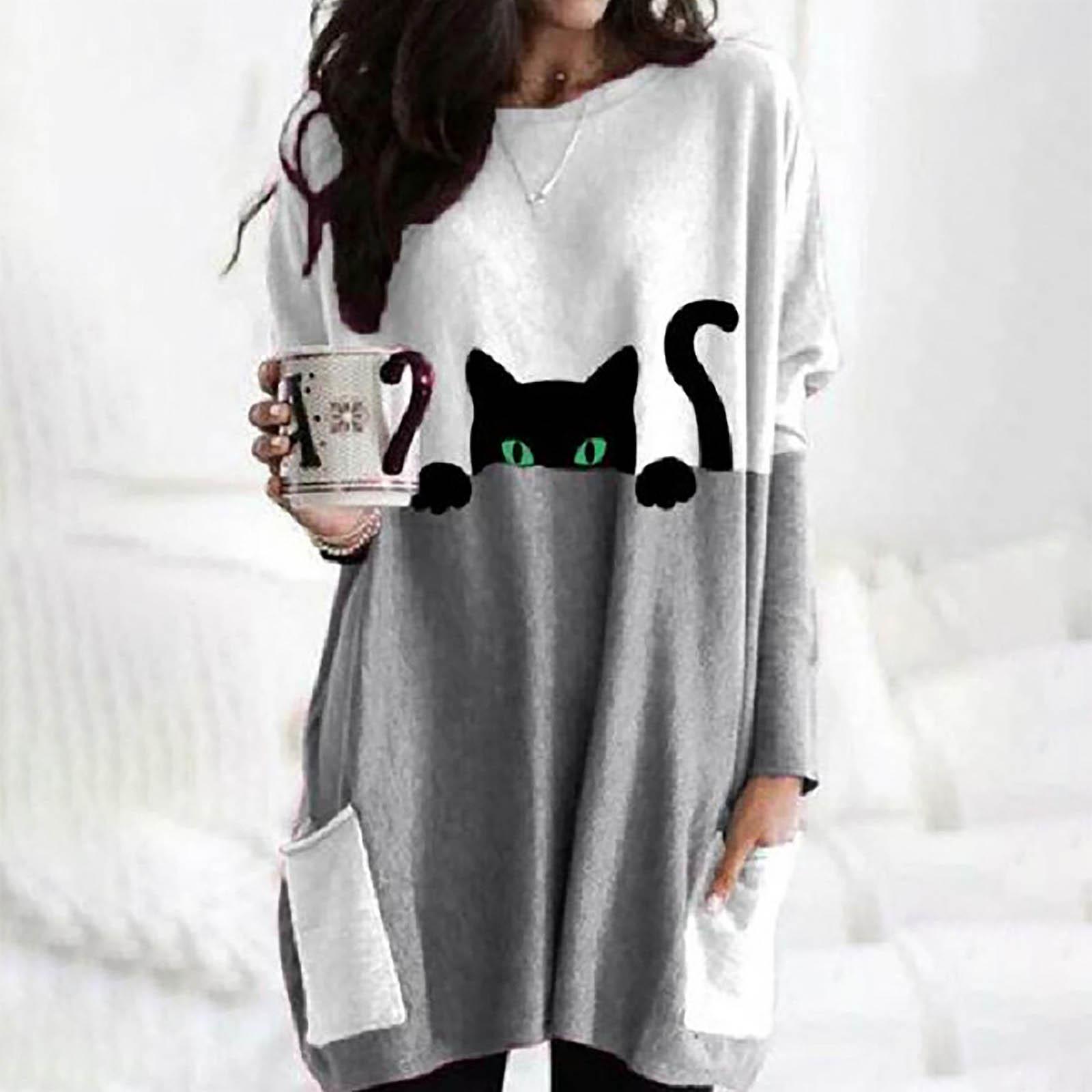 

Женские пуловеры больших размеров с принтом кошки, с длинным рукавом, толстовки, рубашки, топы XXXL