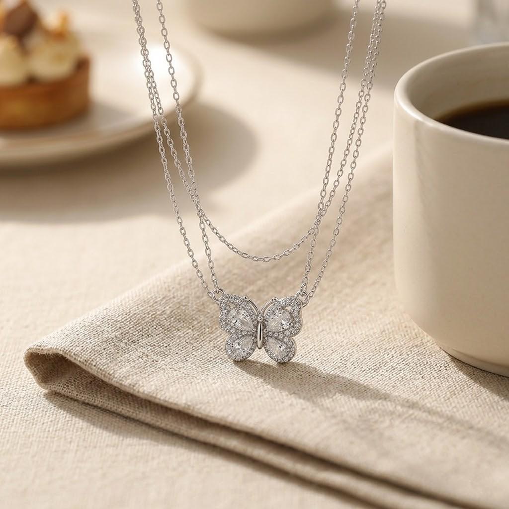 S999 Sterling Silver Butterfly Necklace Women Cubic Zirconia Fine Jewelry Necklaces Anti Tarnish Romantic Gift