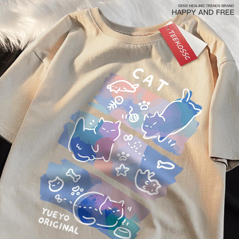 Αστεία Άτακτη Γάτα Μοτίβο Ιαπωνικού Στυλ T-Shirts Ανδρικά Γυναικεία Μόδα T-shirts Αναπνέον Καλοκαιρινά T-shirts Βαμβακερά Φαρδιά Μπλουζάκια Ρούχα