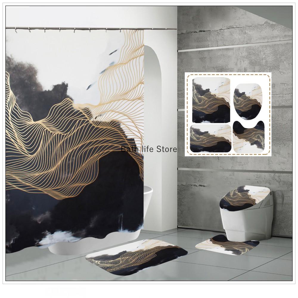 Luxury Golden White Marble Shower Curtain Modern With Non Slip Rug Mat Bathroom Waterproof Polyester Fashion Home Decor 180x180