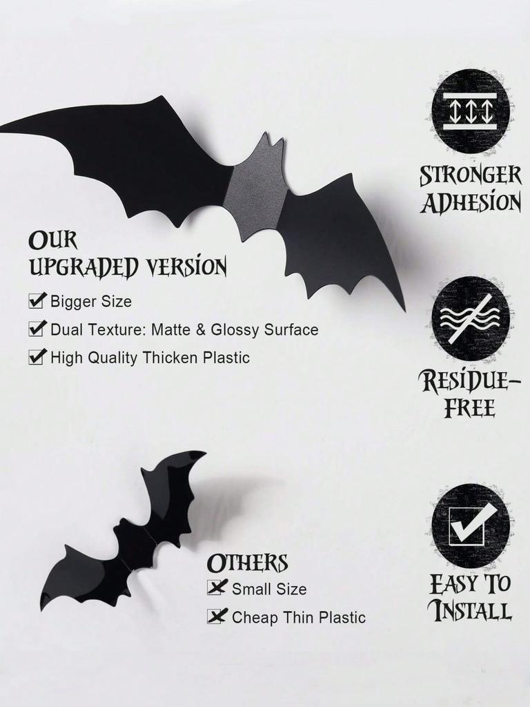 12Pcs/Pack PVC 3D Black Horror Bat Wall Stickers Set DIY Halloween Party Essentials for Home Window Art Decals