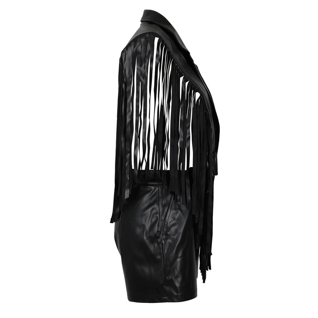 Women's Sexy PU Leather Sleeveless Tassel Top Vest and Shorts Set