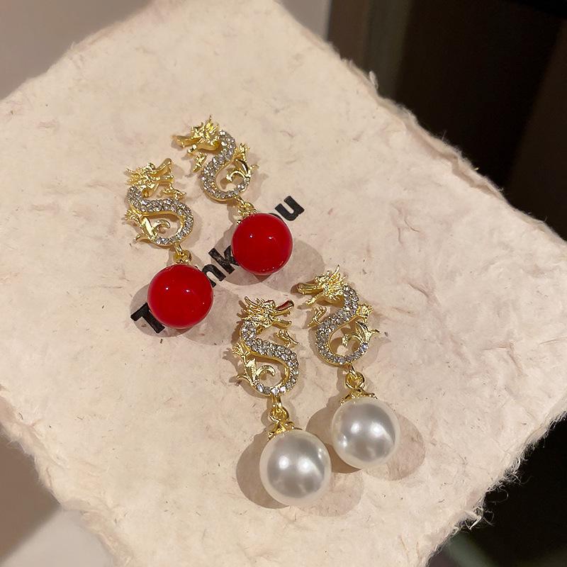 Rhinestone New Chinese Dragon Earrings for Women Temperament Pearl Drop Earring 2024 New Year Festive New Year Dragon Zircon