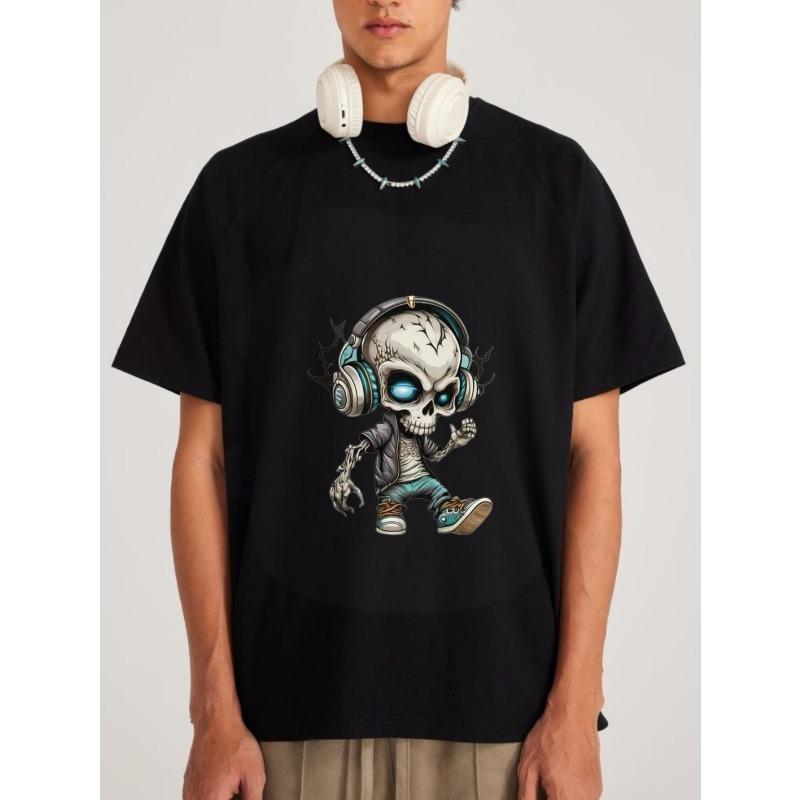 Cotton T Shirt White Skeleton with Headphones and Blue Eyes Cartoon Design for Casual Wear