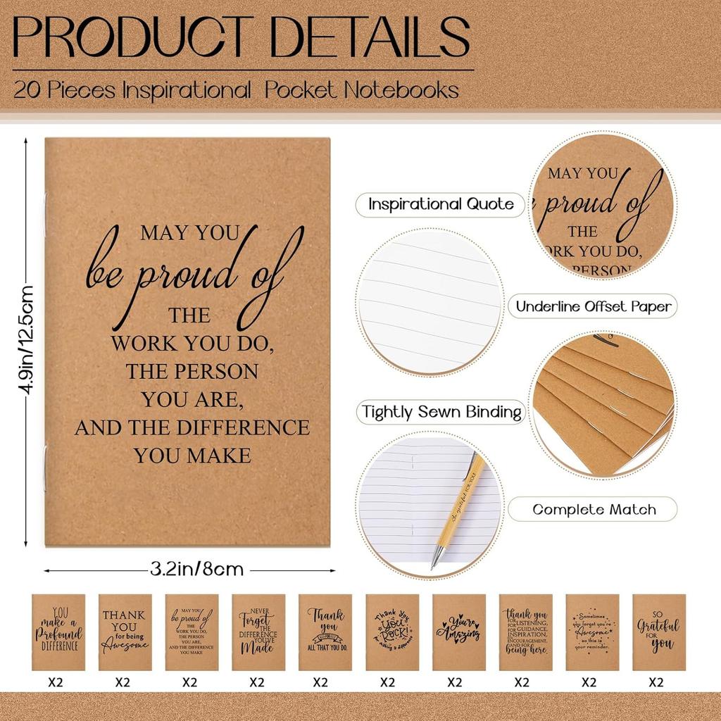 Tinlade 60 Pcs Thank You Gift Bulk Pocket Kraft Notebook Valentines Employee Appreciation Gift Retractable Bamboo Pen Inspirational Keychain for Team