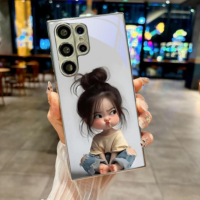 Cute Cartoon Girl Electroplated Silver Phone Case For Samsung Galaxy S26 S25 S24 S23 S22 S21 S20 Ultra Plus FE S26+ Glass Cover