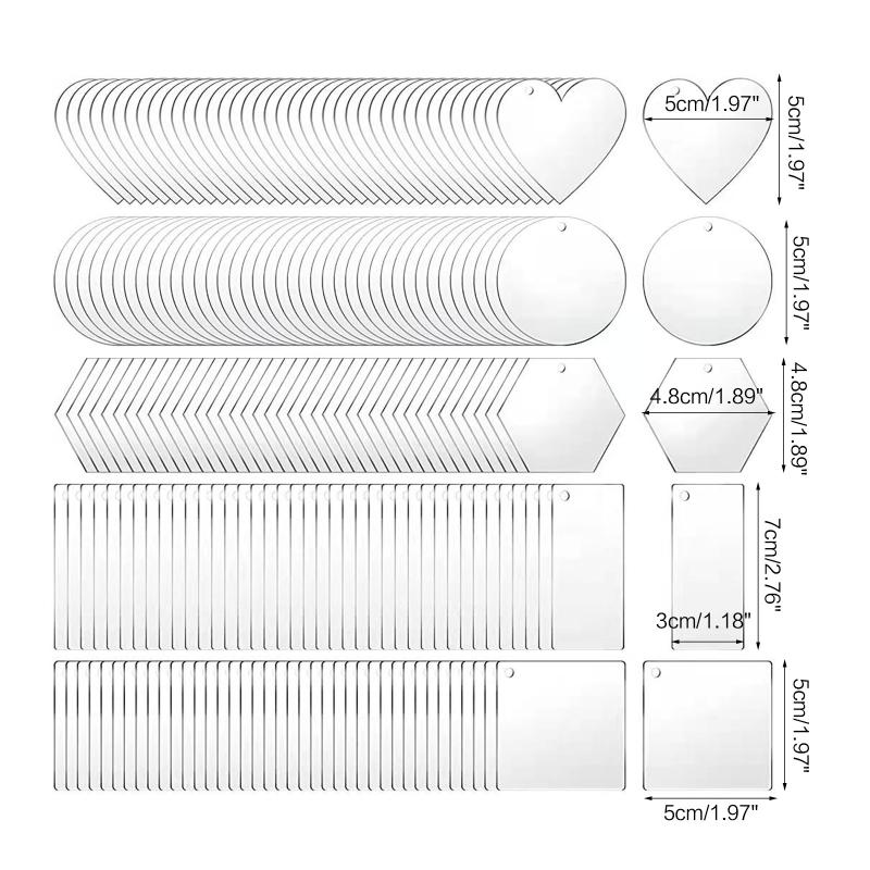200Pcs Acrylic Clear Keychain Pendant Circle Heart Square Rectangle Hexagon Shape Keychain Blank for DIY Craft Project