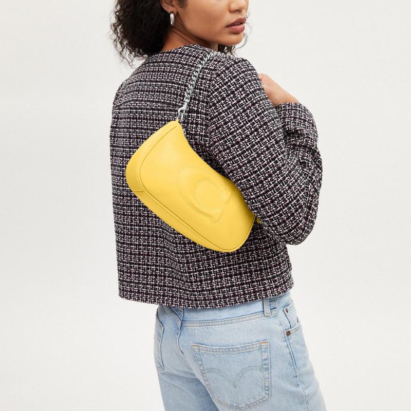 Coach Shoulder Bag Teri 24 Solid Color Large Logo Quilted Multi-function Pocket Zipper Closure Leather Armpit Hand Medium Size Women's Vintage Yellow