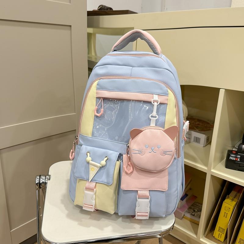 Large Capacity Student Schoolbag Women's Cat Pattern Backpack Color Contrast Backpack with Coin Purse