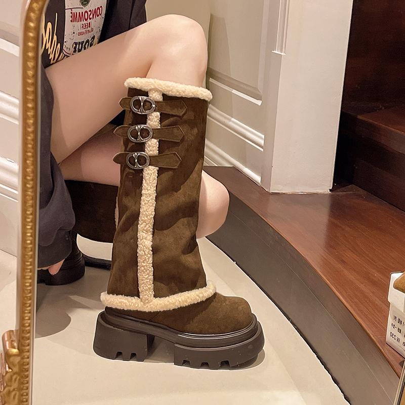 High Snow Boots Winter New Round Toe Scrub Fleece Metal Buckle Platform Non-slip Block Heel Cotton Shoes