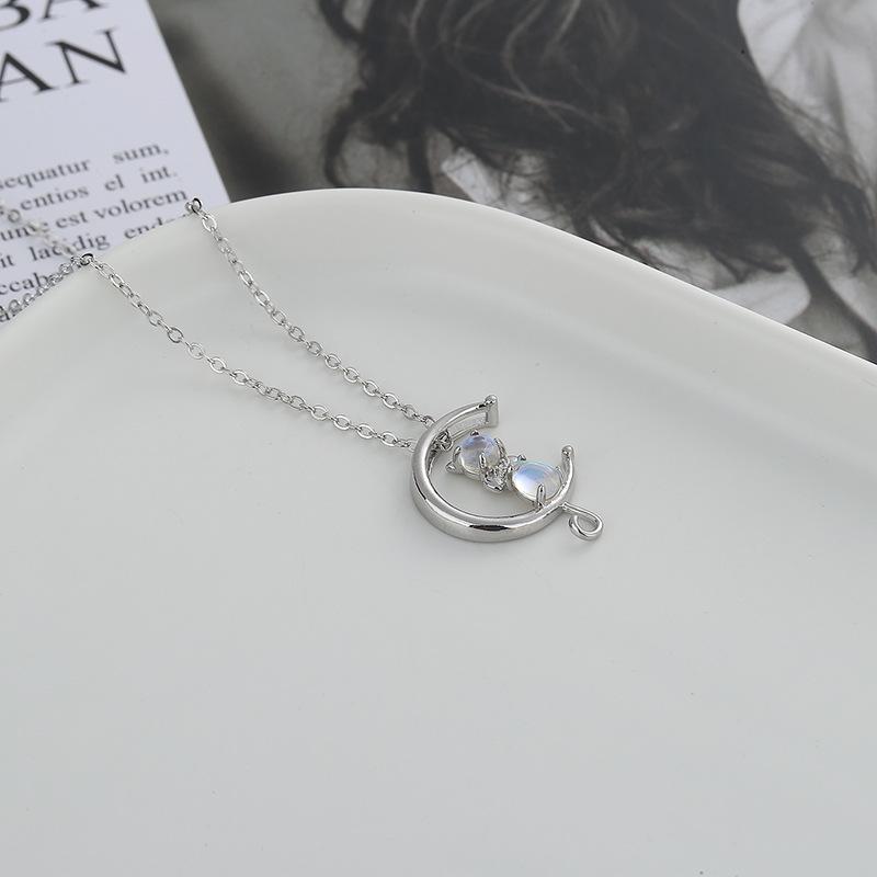 S925 Sterling Silver Chain Korean Version Cat On the Moon Zircon Clavicle Chain Elegant Women's Simple Moonlight Stone Cat Necklace