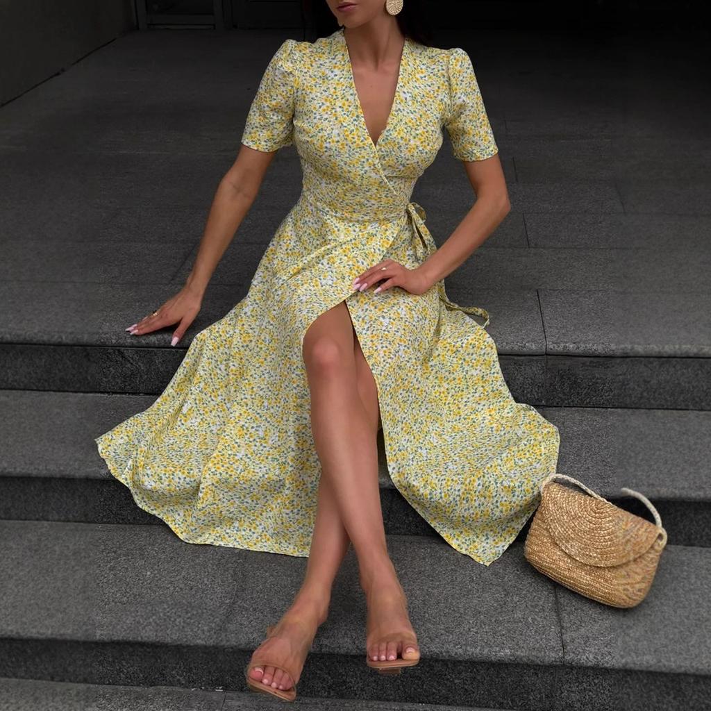 V-neck short-sleeved dress, European and American summer new one-piece lace-up split-end waist floral dress