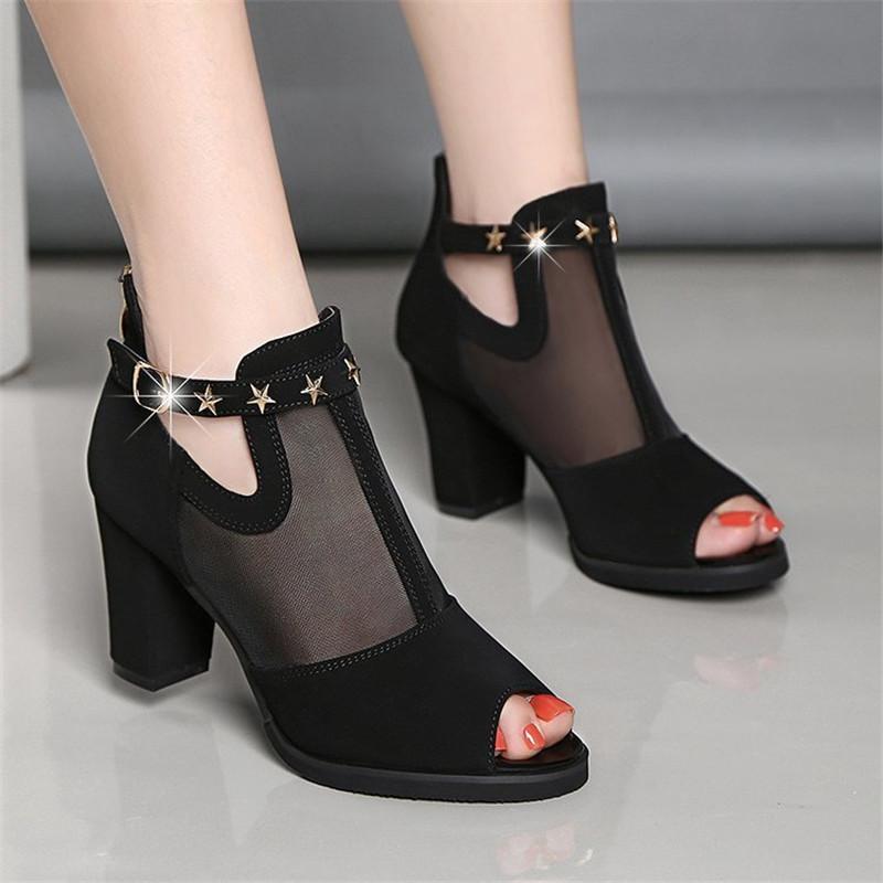 

Breathable Mesh High Heels Sandals Women Pop Summer Shoes Women Vogue Metal Decoration Square Heel Sandals Zipper Female Shoes