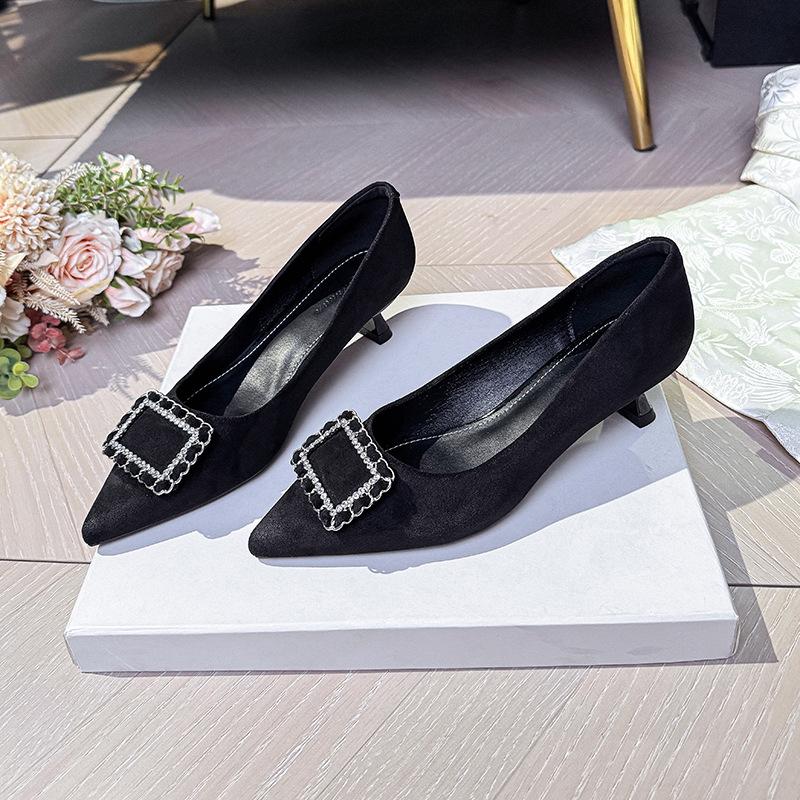 Pointed rhinestone square buckle high heels women's thin heels 2025 new spring and autumn women's shoes French temperament medium heel shallow mou