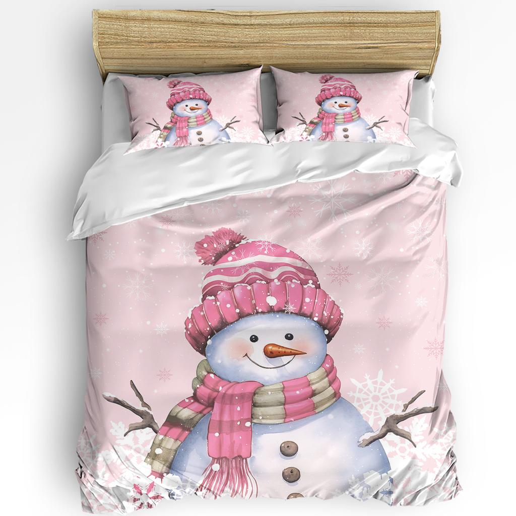 Christmas Snowman Pink Christmas Tree 3pcs Bedding Set For Double Bed Home Textile Duvet Cover Quilt Cover Pillowcase