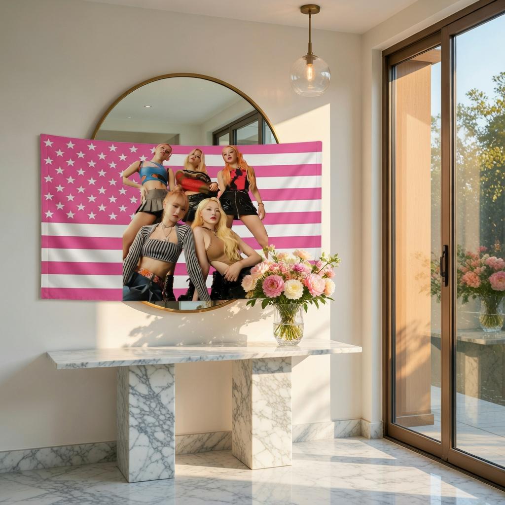 1Pc K-Pop Girl Group Style Tapestry, Pink Stripe Flag Wall Hanging, Aesthetic Decor For Dorm Bedroom Living Room
