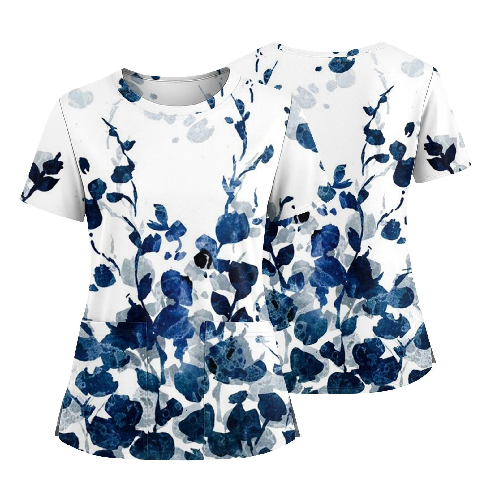 

Женская модная футболка с принтом, круглым вырезом, карманом, короткими рукавами и разрезом по низу, униформа и рабочая блузка XXL