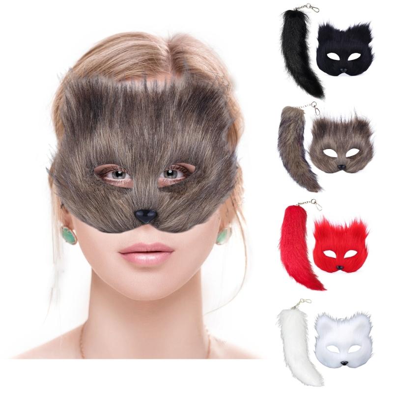 Faux Furs Foxes Tail Cats Wolf Mask Halloween Cosplays Costume Foxes Mask Tail