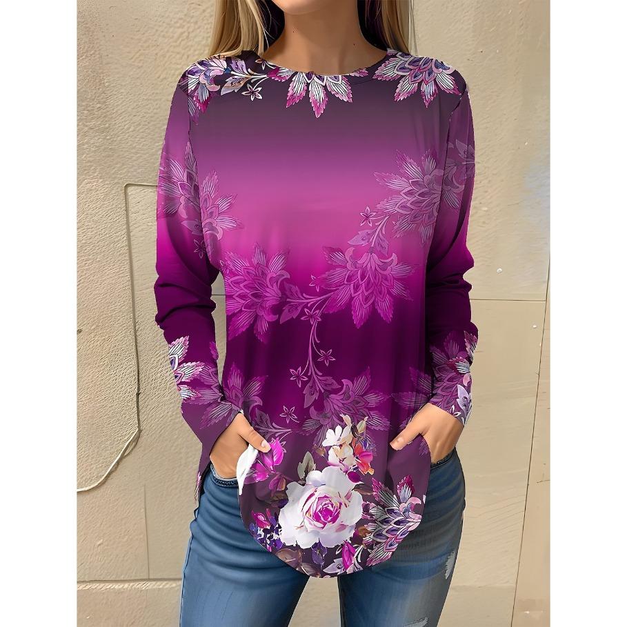 Women's Floral Print Long Sleeved T Shirts Casual and Fashionable Outdoor Round Neck Pullover Slim Fit T-shirt for Spring and Autumn Tops