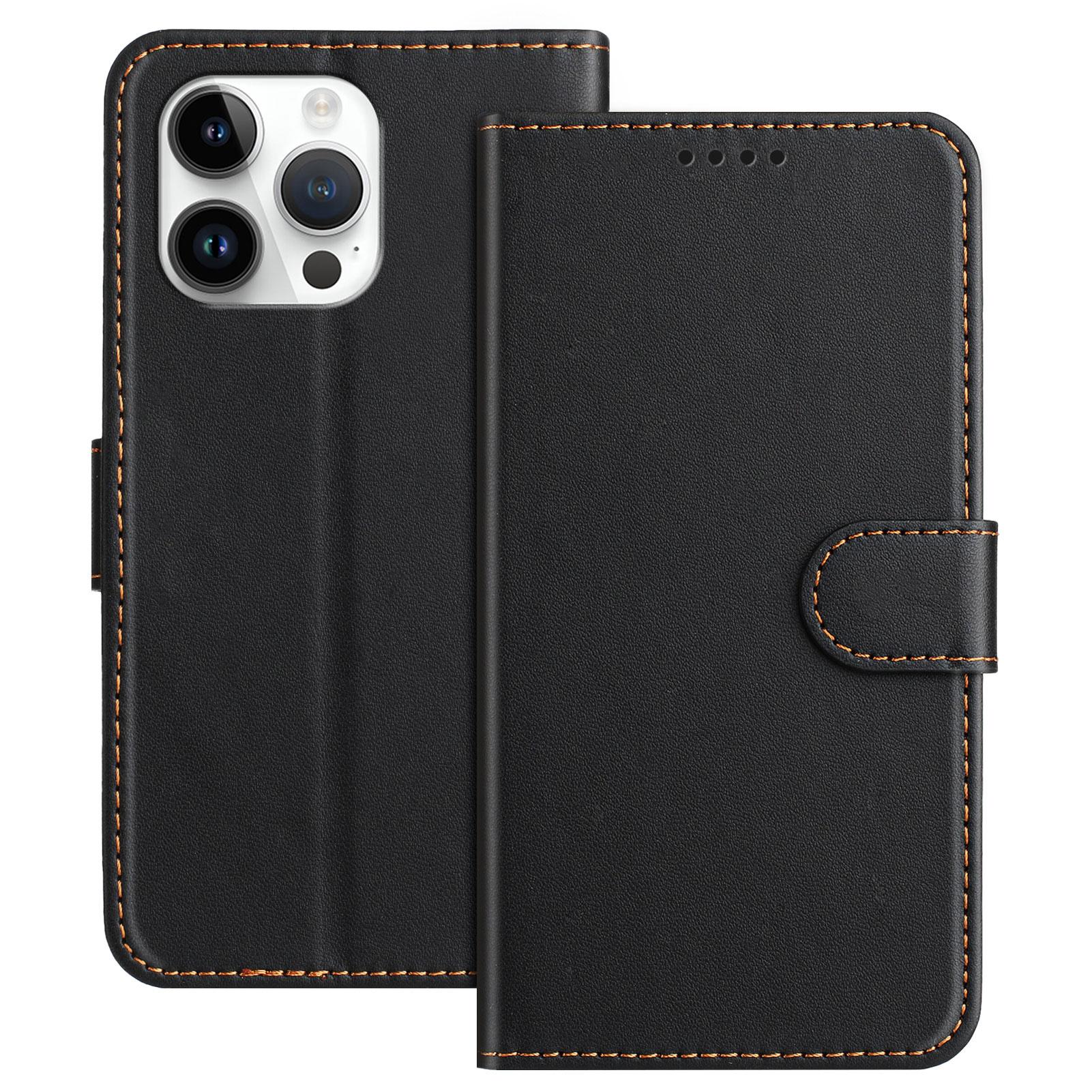 

For iPhone 15 Pro Max Leather Case Wallet Stand Solid Color Anti Drop Phone Cover Black