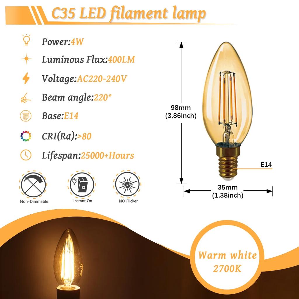 6PCS LED Filament Light Bulb Retro Edison E27 E14 B22 4000K 2700K 220V A60 G45 C37 Vintage Ampoule Incandescent Bulb Edison Lamp