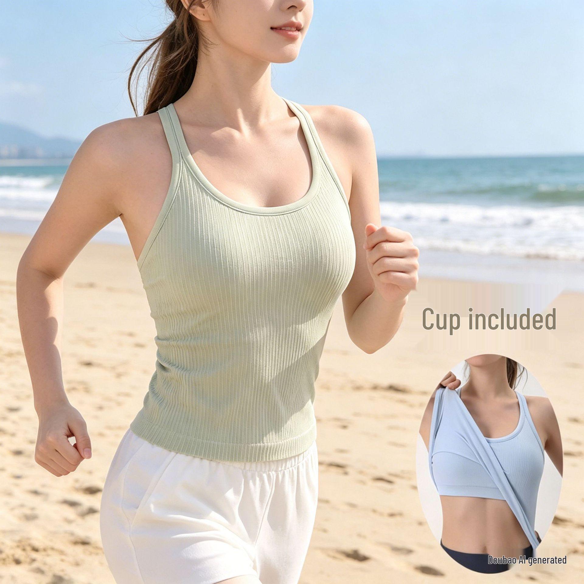 Women s Seamless Ribbed Racerback Yoga Tank with Removable Pads and Quick-Dry Fabric Large