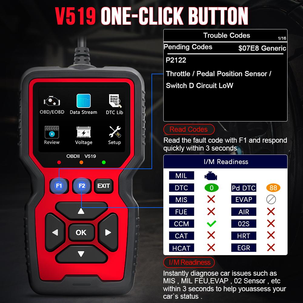 Cititor de coduri OBDII Scaner de diagnosticare date live v519 OBD/EOBD Verificare motor Citire Ștergere DTC OBD2 Scaner profesional