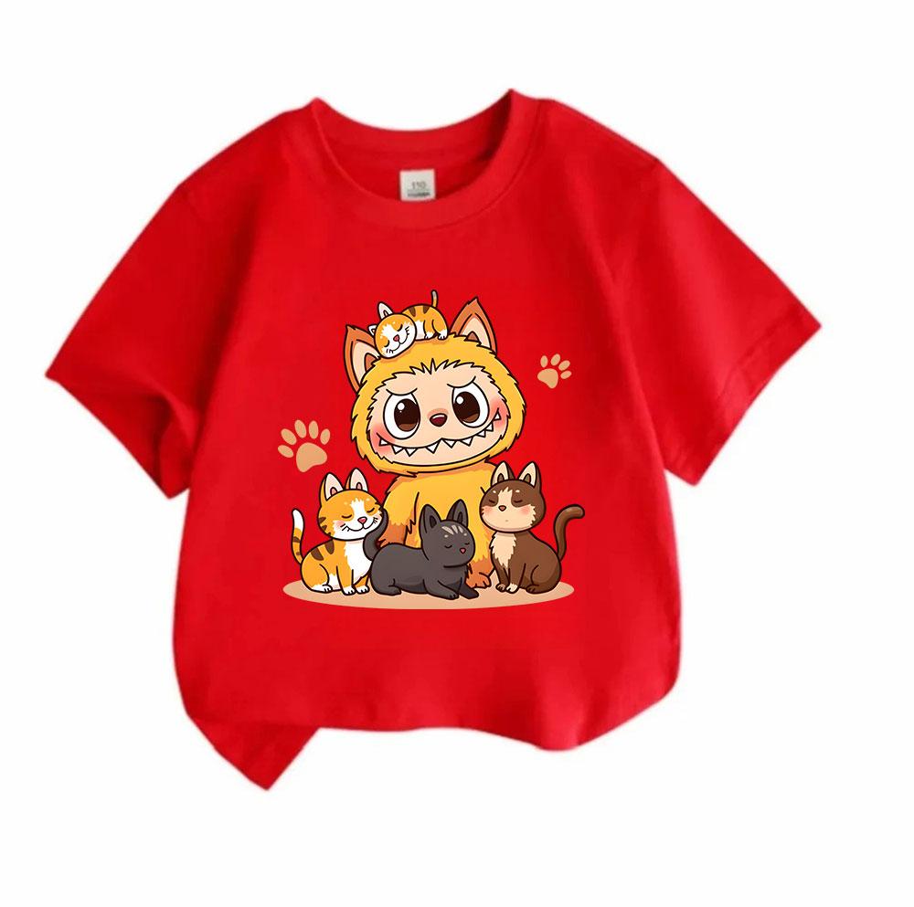 Cute Cartoon Orange Monster With Kitten Print Kids T-Shirt 100% Cotton Crew Neck Short Sleeve Tees for Boys Girls Casual Soft Breathable Summer Tops