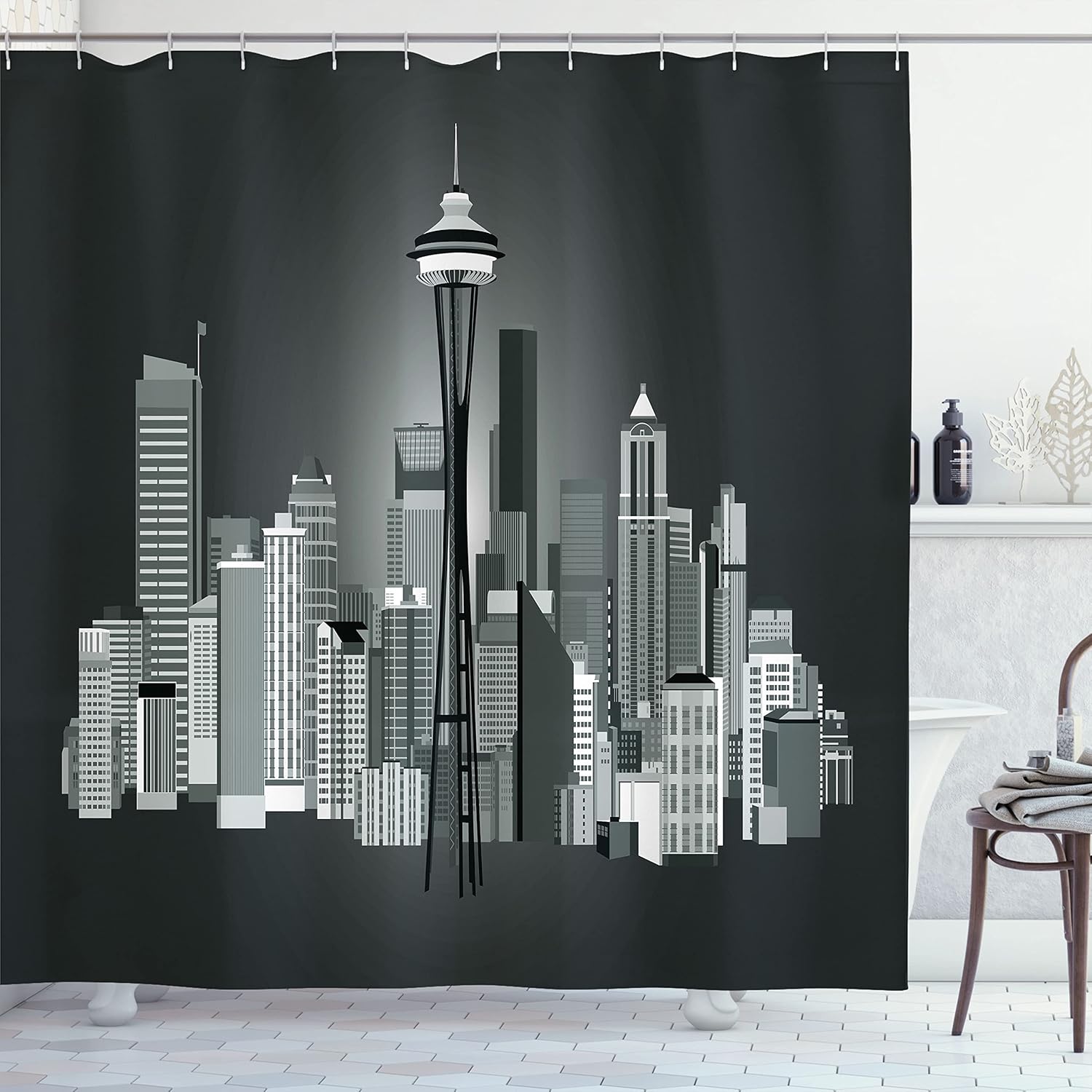 

Seattle Space Needle Shower Curtain City Skyline Urban Design Black White Art Modern Bath Decor Waterproof Fabric 160x210 90x180cm35x71in