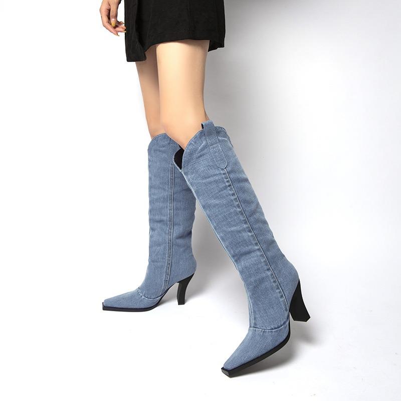Winter New Square Toe Denim High Heel Fashion Boots 2025 Thick Heel Western Knight Boots for Women