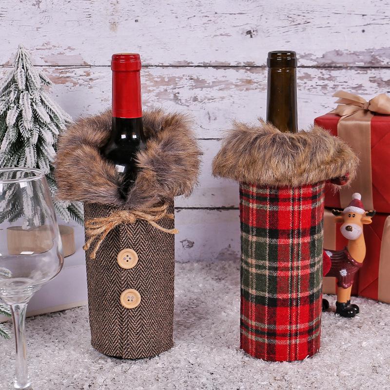 New Christmas Plaid Red Wine Bottle Cover & Tableware Set