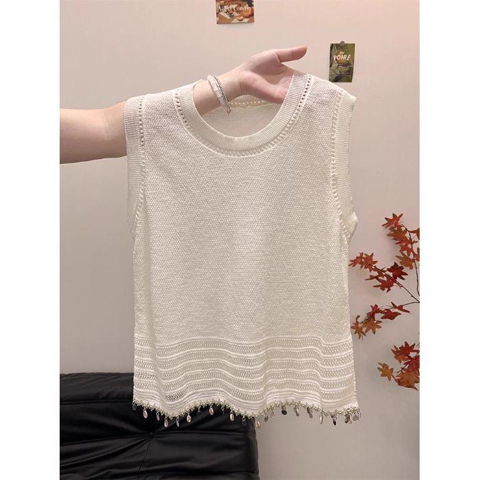 2026 High-End Ethnic Tassel Sequin Knit Sleeveless Vest for Women - Loose Summer Style One Size абрикосовый