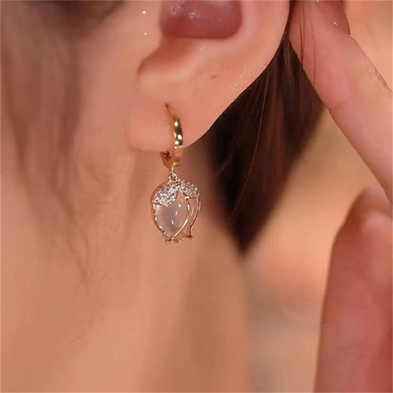 Micro-inlaid opal tulip flower earrings, ear buckles, versatile women's light luxury sweet versatile ear jewelry