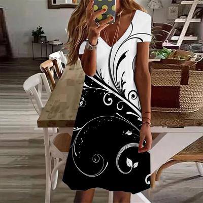 Sommermode Damen V-Ausschnitt Kurzarm Weiß Gebogenes Blumenmuster Kleid Sexkleid