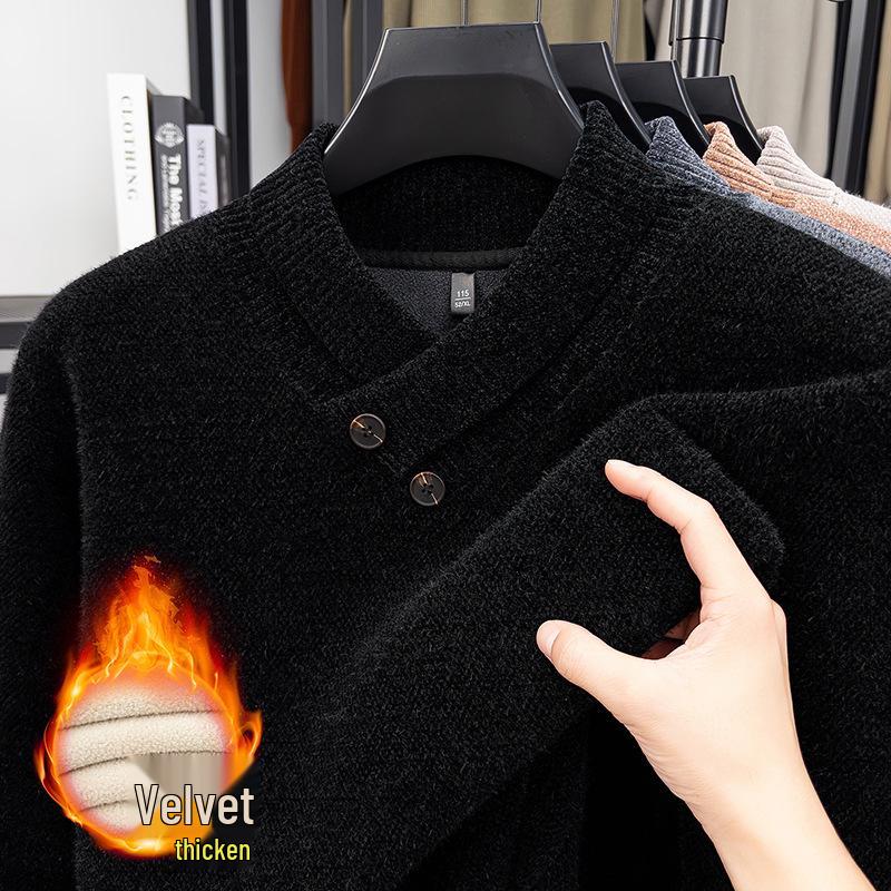 Men's Korean Style Knit Sweater with Velvet Lining - Autumn/Winter Warmth