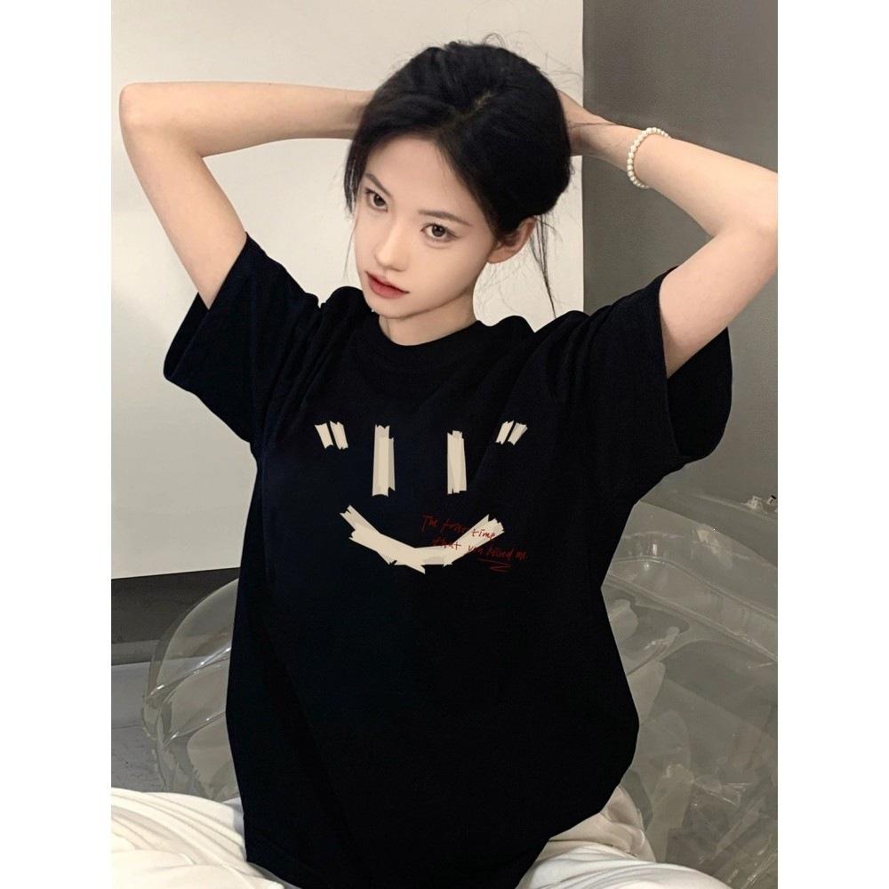 Pure cotton black short-sleeved women's t-shirt new popular summer unique design niche top loose t-shirt