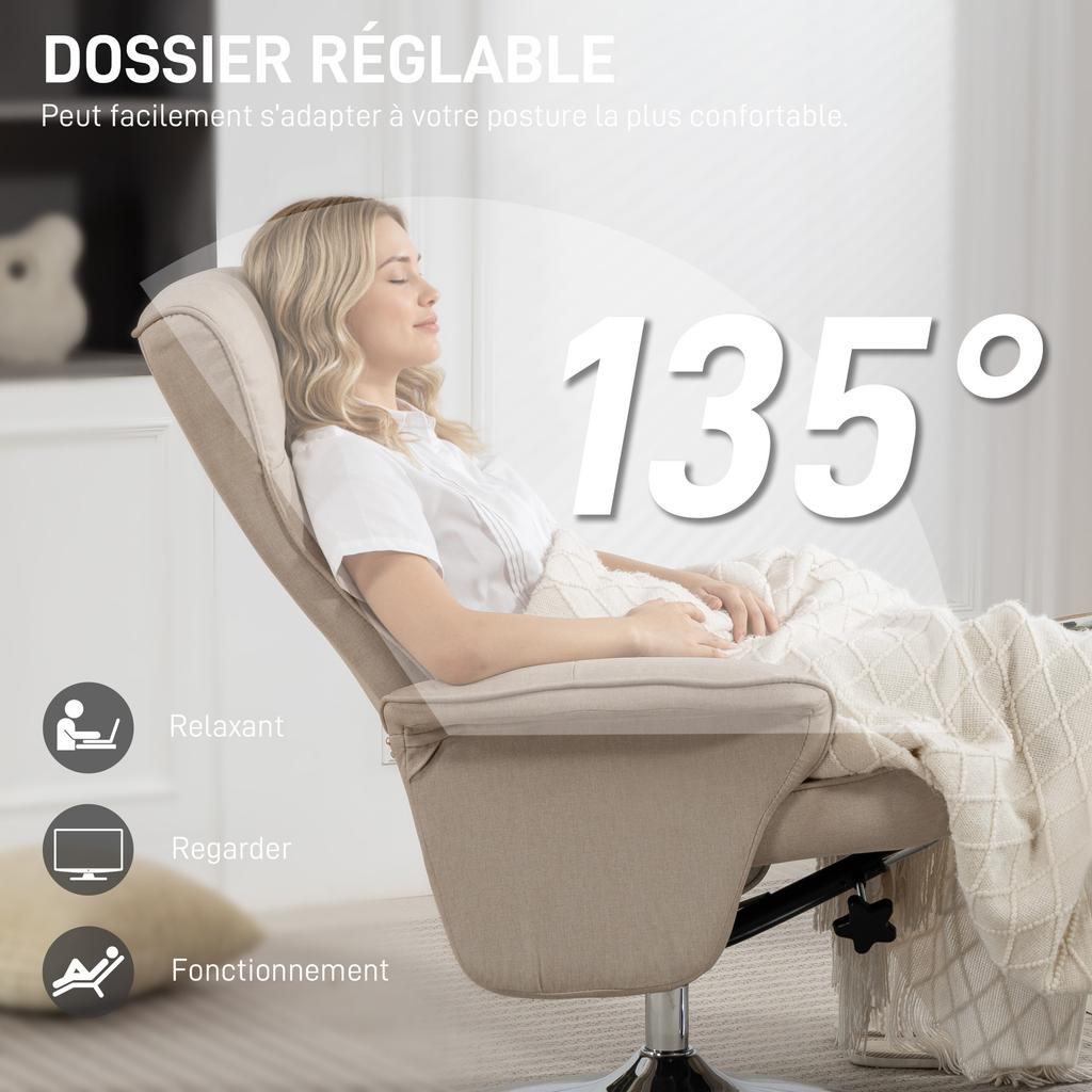 Reclining relax armchair 135 degrees swivel 360 degrees with footrest fabric upholstery beige
