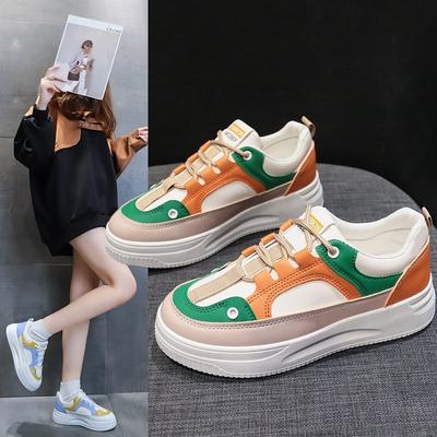 Sports Shoes for Women  Autumn New Rubber Soft Bottom Muffin Color Matching Lace-up PU Leather Surface Lightweight Casual Shoes for Women