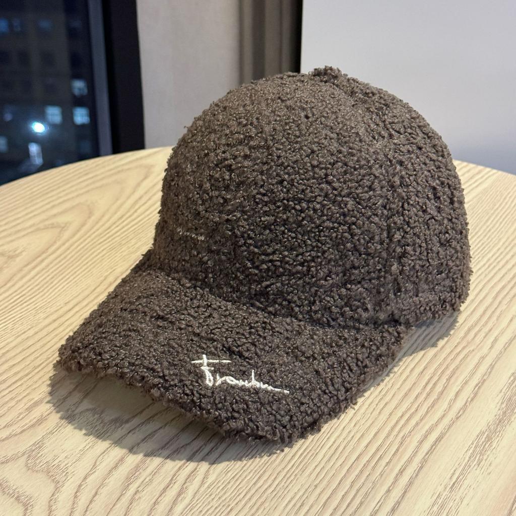 New Wide Brimmed Lambswool Baseball Hat for Women Korean Version Autumn and Winter Warm Face Showing Small Plush Fashionable Versatile Peaked Cap